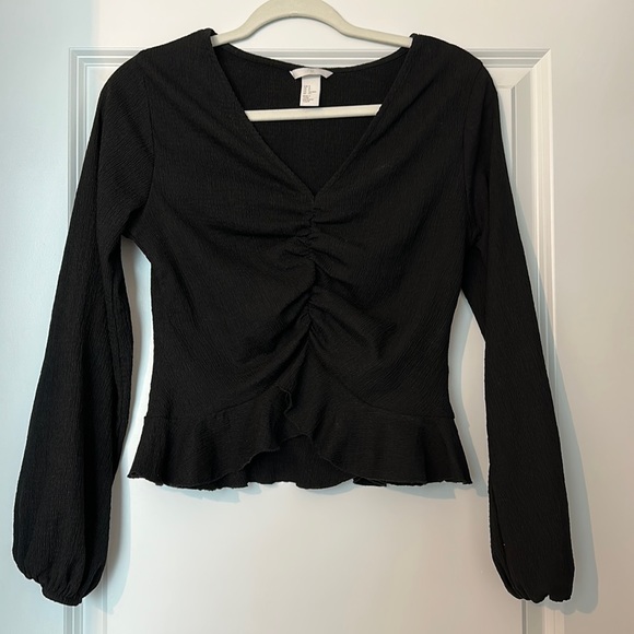 Small H&M Black Blouse With Balloon Sleeves and Frill Bottom - Picture 1 of 1